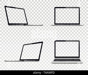 Set of laptop with transparent screen. Perspective, top and front view. Stock Vector