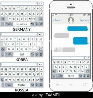 Vector phone chat interface. Sms messenger. Mobile phone virtual keyboards: English, Korean, German, Russian alphabet Stock Vector