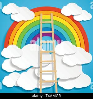 Color rainbow with clouds and wooden stair on blue sky background Stock Vector