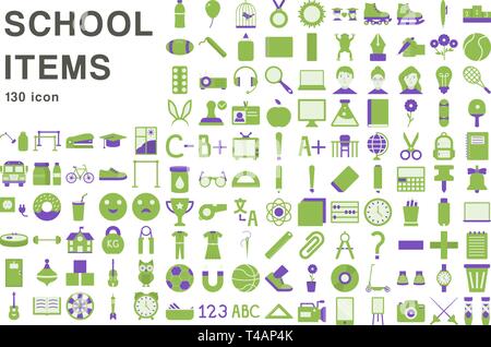 School items set of flat icons, 130 icons of green and purple, various office supplies vector illustration Stock Vector