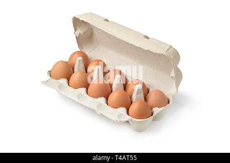 Carton box with fresh raw brown eggs close up isolated on white background Stock Photo