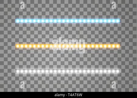 Shining led vector stripes, neon illumination on transparent background, set of yellow, white, blue glowing decorative tapes of diode ecological lamps Stock Vector