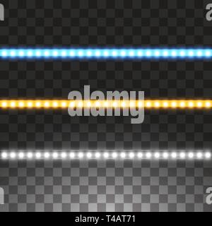 Shining led vector stripes, neon illumination on transparent background, set of yellow, white, blue glowing decorative tapes of diode ecological lamps Stock Vector