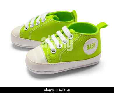 Green Baby Shoes Side View Isolated on White Background. Stock Photo