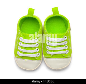 Pair Of Green Baby Shoes Top View Isolated on White Backround. Stock Photo