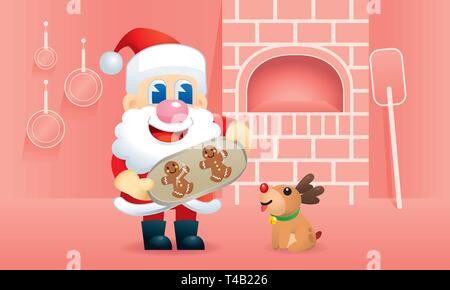 A cute Santa is baking gingerbread man, with kitchen background. Vector. Stock Vector