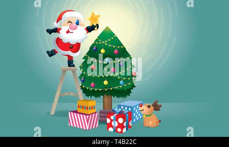 A cute Santa and his reindeer is decorating the Christmas tree. Vector. Stock Vector