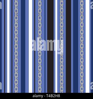 Classic Chains and Vertical Stripes Stripes Vector Seamless Pattern. Monochrome Blue Marine Background. Sea, Ocean Elements. Stock Vector