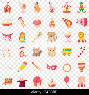 Carnival in childhood icons set, cartoon style Stock Vector
