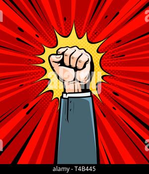 Clenched fist raised up. Cartoon in pop art retro comic style, vector illustration Stock Vector