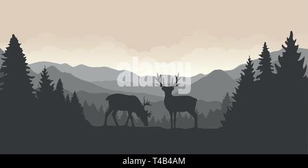 two wildlife reindeer silhouette in the forest on the meadow black and ...