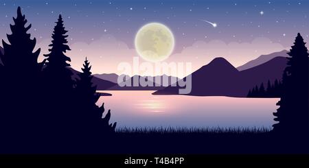 beautiful lake at night with full moon and starry sky mystic landscape vector illustration EPS10 Stock Vector