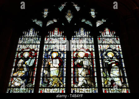 Wolverhampton in West Midlands, England. Stained glass in St. Peter's Collegiate Church - the Evangelists: Matthew, Mark, Luke and John. Stock Photo