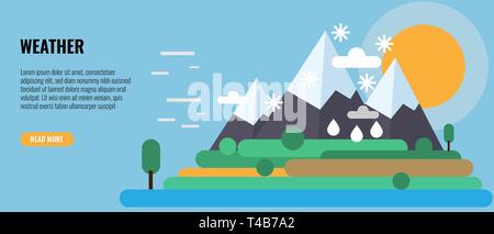 Four seasons in one Landscape. Winter, snow, spring, rain, autumn, summer, wind and sunny weather on Mountain. Vector illustration. Stock Vector