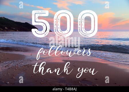 500 followers - social media milestone banner. Online community thank you note. 500 fans. Stock Photo