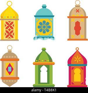 Set of arabic lanterns. Colorful decorative Ramadan lamps icons. Collection of isolated stock vector objects. Flat design. Stock Vector