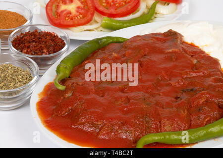 iskender kebap with salads and yogurt Stock Photo