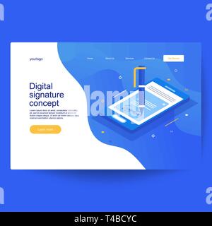 Digital smart contract isometric composition or electronic digital signature concept. Paper receipt of payment, verified Stock Vector