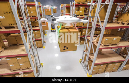 3d rendering image of drones at work in a warehouse full of goods. Concept of automated logistics and fast shipping. Stock Photo