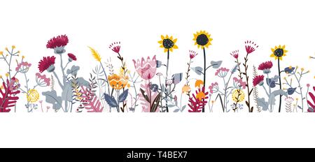 Vector nature seamless background with hand drawn wild herbs, flowers and leaves on white. Doodle style floral illustration Stock Vector