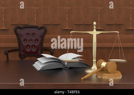 3D illustration. Symbols of law and justice resting on a reflecting plane. Stock Photo