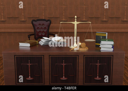 3D illustration. Symbols of law and justice resting on a reflecting plane. Stock Photo