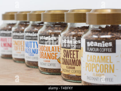 Six jars of Beanies flavoured coffee Stock Photo