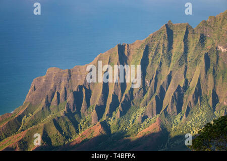 Close-up of Na Pali Coast ridge senn from Kalalau Lookout on the Hawaiian island of Kauai, USA Stock Photo