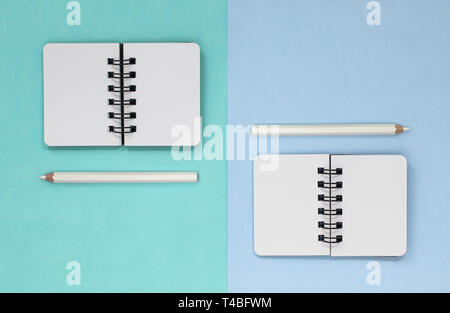 https://l450v.alamy.com/450v/t4bfwm/two-open-spiral-notebooks-with-white-pencils-on-a-blue-green-background-t4bfwm.jpg