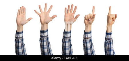 Man hands in shirt showing various gestures. Open palm, finger pointing, spread fingers and voting signs. Human hand gesturing isolated on white backg Stock Photo