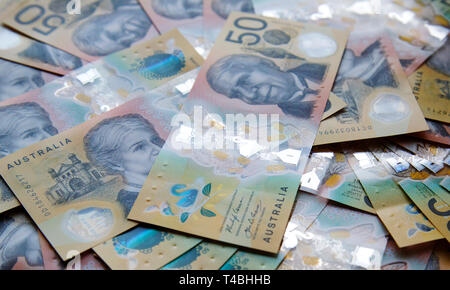 Australian fifty dollar banknote. The new 2019 issue bill is designed to deter counterfeiting, the note is polymer with a clear holographic strip. Stock Photo