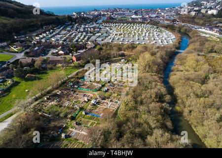 An aerial drone birds eye view of a local authority allotment , for  people who do not have gardens of their own, for growing fruit and vegetables for personal consumption. Aberystwyth Wales UK [CAA licenced drone operator] Stock Photo