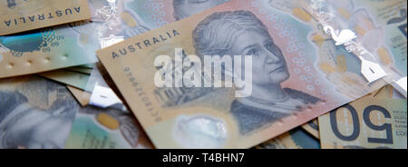 Australian fifty dollar banknote. The new 2019 issue bill is designed to deter counterfeiting, the note is polymer with a clear holographic strip. Stock Photo