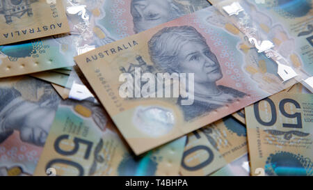 Australian fifty dollar banknote. The new 2019 issue bill is designed to deter counterfeiting, the note is polymer with a clear holographic strip. Stock Photo