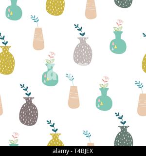 Hand drawn house plants and flowers. Scandinavian style illustration. Seamless pattern. Vector illustration. Stock Vector