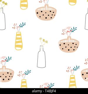 Hand drawn house plants and flowers. Scandinavian style illustration. Seamless pattern. Vector illustration. Stock Vector