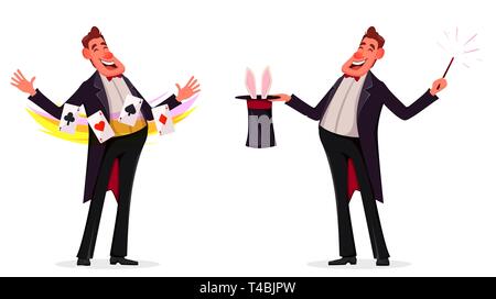 Illusionist shows magical tricks with playing cards and with magic wand and cylinder, set of two poses. Magician cartoon character. Vector illustratio Stock Vector