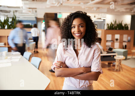Portrait Of Businesswoman In Busy Modern Office With Blurred Colleagues Working In Background Stock Photo