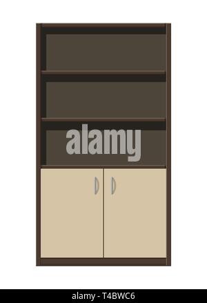 Empty wooden storage shelves. Room furniture, cabinet with doors. Office interior. Vector illustration in flat style Stock Vector