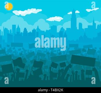 Silhouette of cheering or protesting crowd with flags and banners. Protest, revolution, conflict in big city. Cityscape, clouds, sun. Vector illustrat Stock Vector