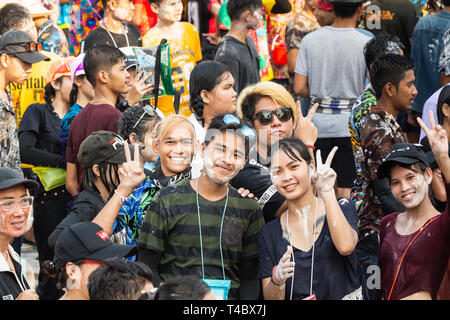 SUKHOTHAI, THAILAND - 15 APRIL 2019: Thai people celebrating New Year Songkran Water Festival on the street.