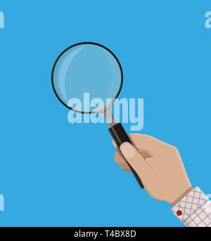 Magnifying glass icon. Magnifying glass in hand. Searching, exploring, analysing concept. Vector illustration in flat style Stock Vector