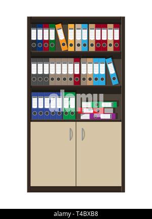 Wooden cabinet and files, ring binders, colorful office folders. Room furniture, cabinet with doors. Office interior. Vector illustration in flat styl Stock Vector