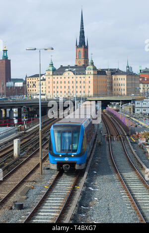 STOCKHOLM, SWEDEN - MARCH 09, 2019: The approaching subway train close up Stock Photo