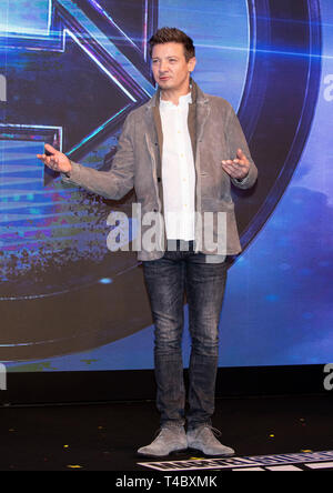 Seoul, South Korea. 15th Apr, 2019. Actor Jeremy Renner attends a press conference for his new movie 'Avengers: Endgame' at Four Seasons Hotel in Seoul, South Korea, April 15, 2019. The film will be released in South Korea on April 24. Credit: Lee Sang-ho/Xinhua/Alamy Live News Stock Photo