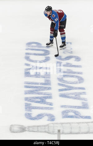 Denver, Colorado, USA. 15th Apr, 2019. Colorado Avalanche right wing Mikko Rantanen (96) looks on during the Calgary Flames and Colorado Avalanche NHL playoff game at Pepsi Center in Denver, Colorado. Colorado defeated Calgary 6-2. John Crouch/CSM/Alamy Live News Stock Photo