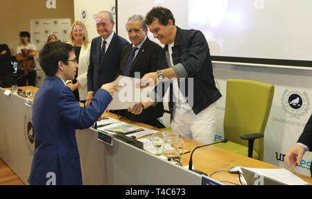 April 16, 2019 - 16 april 2019 ( Malaga) Banderas offers the UMA to collaborate in its new project, the Soho Theater. The actor attends the Rectorate to present a study of the Cofrades Studies chair, which finances his foundation. The actor Antonio Banderas, who since 2010 collaborates with the University of MÃ¡laga through his Foundation LÃ¡grimas y Favores scholarship to students for that they can travel to universities in the United States and Canada, has indicated this morning that they want to continue counting on the UMA in their new projects in Malaga, specifically for the theater that Stock Photo