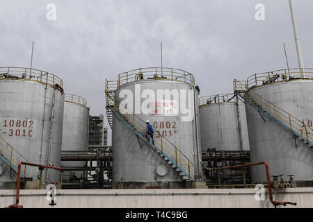 Ordos, China's Inner Mongolia Autonomous Region. 12th Apr, 2019. A worker examines facilities in the coal liquefaction factory of CHN Energy in Ordos, north China's Inner Mongolia Autonomous Region, April 12, 2019. Credit: Liu Lei/Xinhua/Alamy Live News Stock Photo