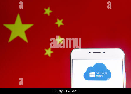 Hong Kong. 6th Apr, 2019. In this photo illustration a American file hosting and cloud computing service owned by Microsoft, Azure, logo is seen on an Android mobile device with People's Republic of China flag in the background. Credit: Budrul Chukrut/SOPA Images/ZUMA Wire/Alamy Live News Stock Photo