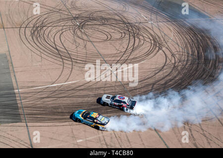 Aerial top view two cars drifting battle on race track, Two race cars view  from above.